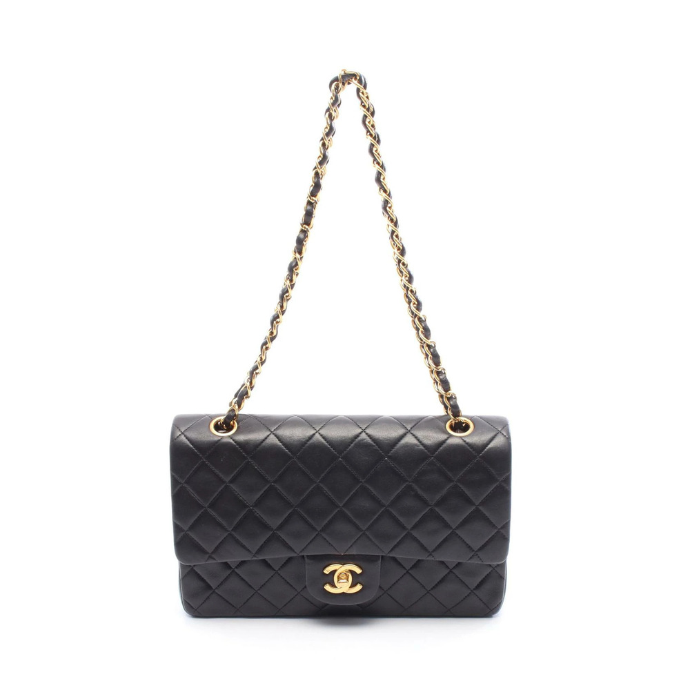 Chanel Matelasse Double Flap Shoulder Bag Lambskin Sheepskin Black
